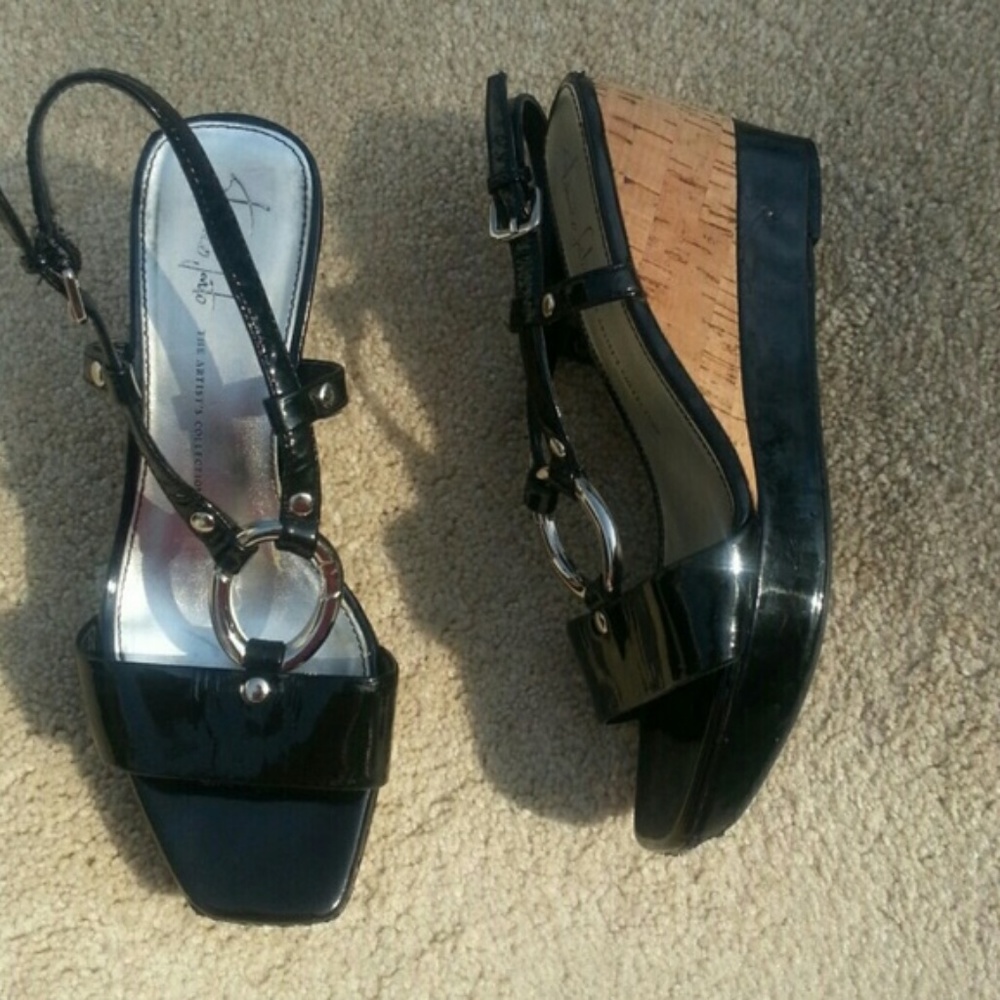Franco Sarto black patent leather cork wedge shoes